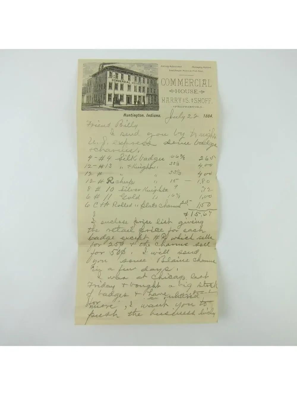 1884 Commercial House Huntington Indiana Letterhead SD Childs Co Badges Ad Lot
